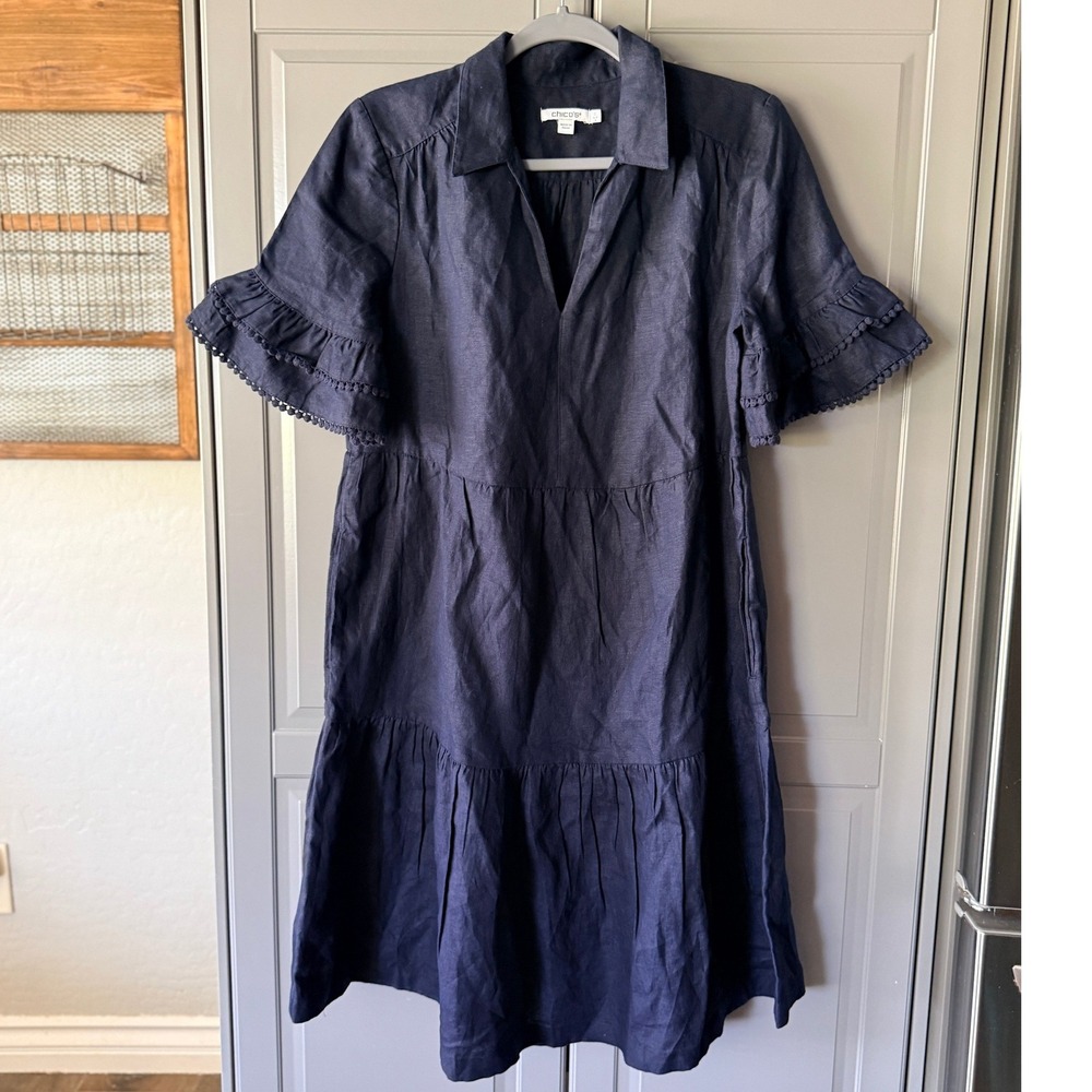 Chico's Women Linen Ruffle Pom Trim Shift Dress, Navy Blue, 0 (S)